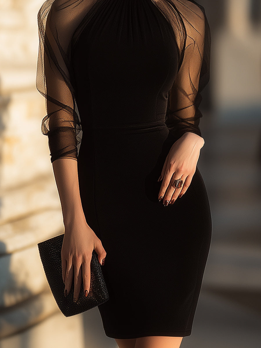 Sheer-Sleeve High-Neck Cocktail Dress