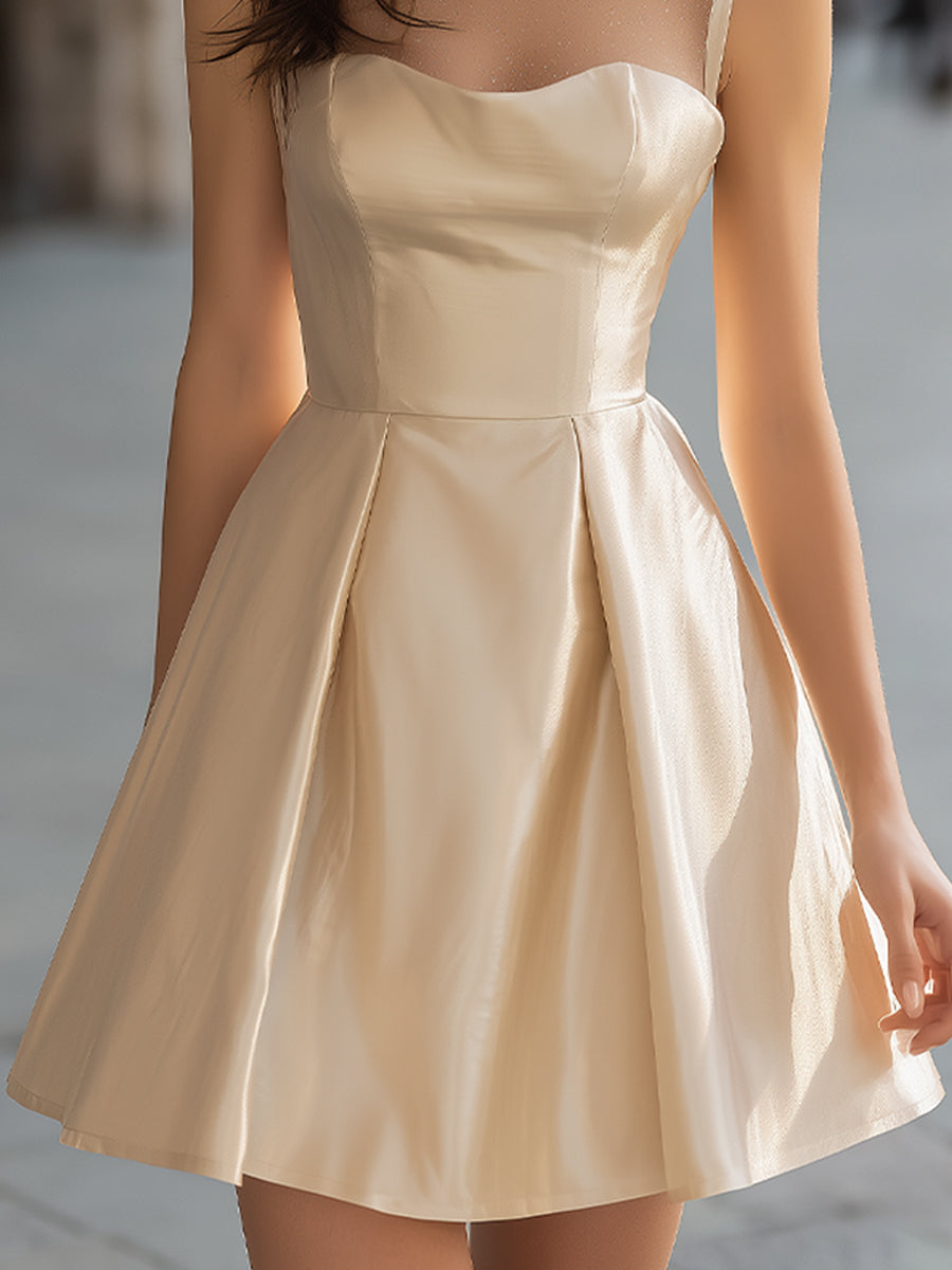 Chiffon Mesh-Panel Satin Mini Dress