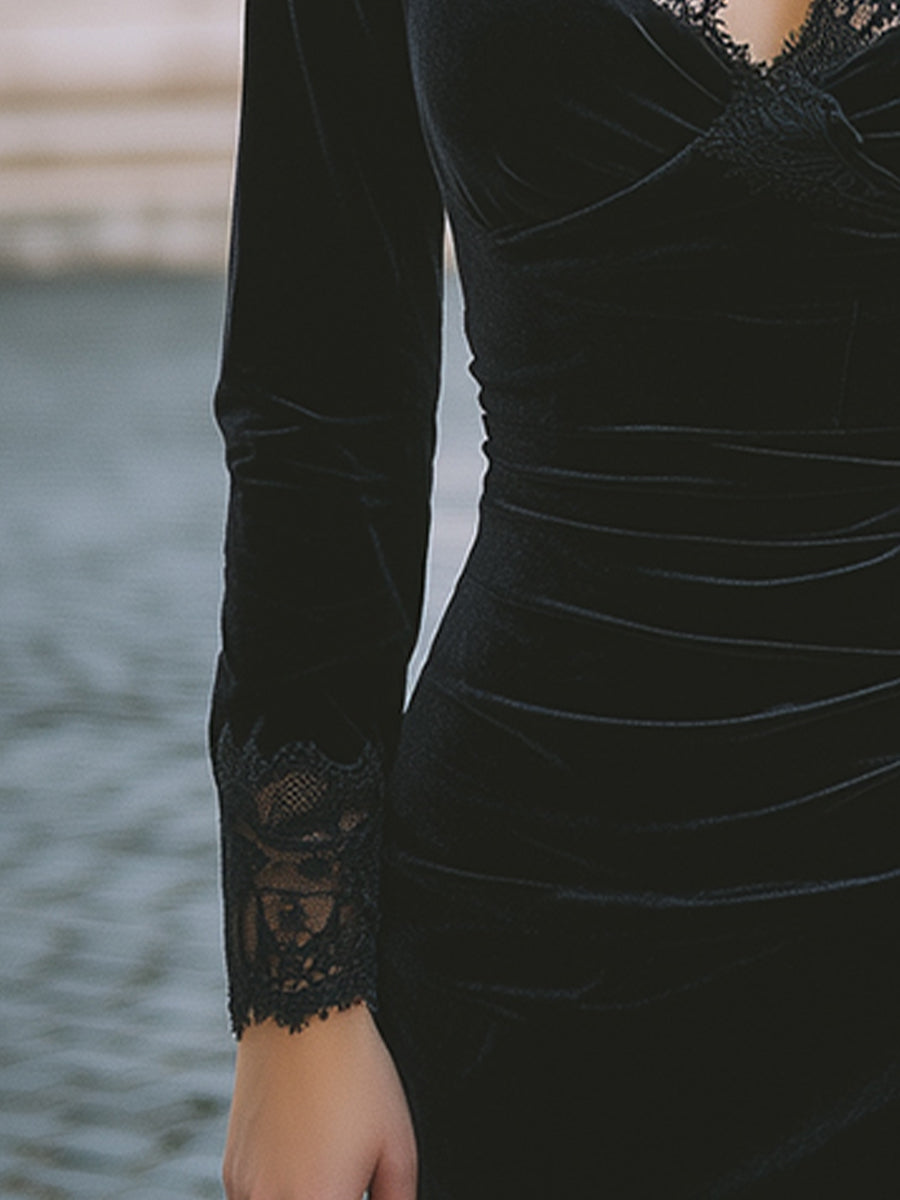 Elegant Velvet Lace-Trim Ruched Bodycon Mini Dress