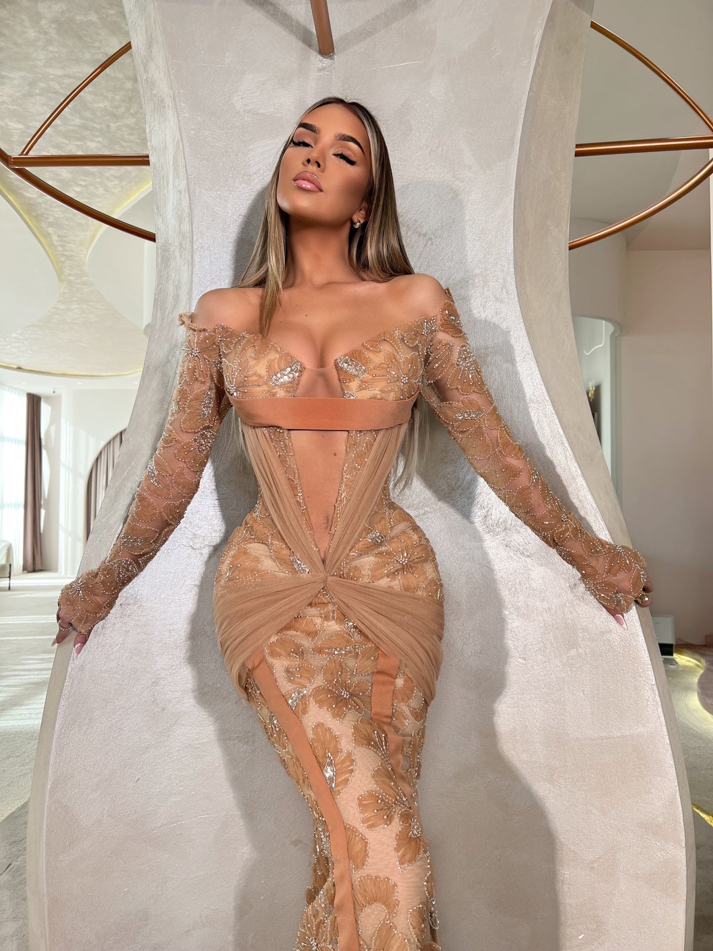 Off Shoulder Long Sleeves Lace Ruched Sheath Prom Dress