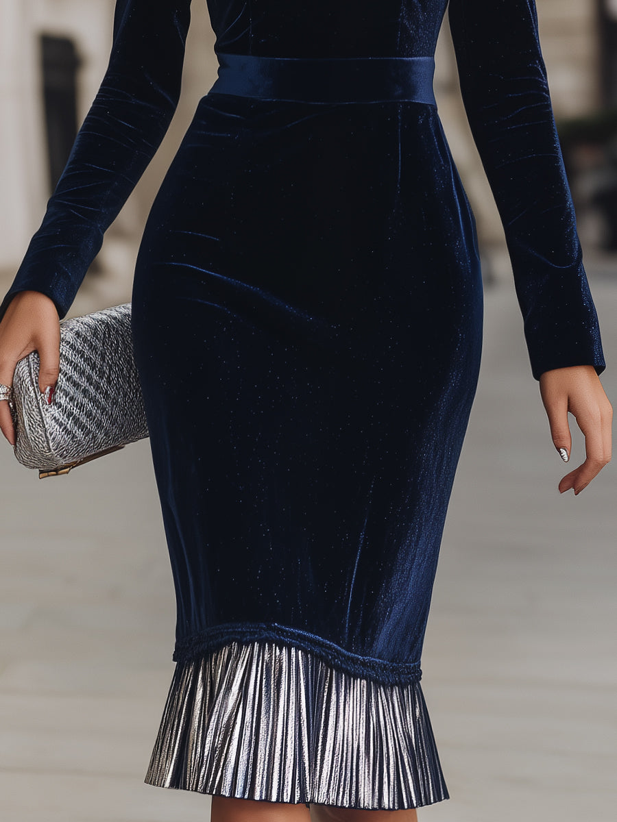 Midnight Velvet Sheath Dress With Metallic Pleated Hem
