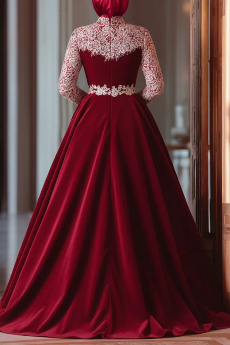 Embroidered Lace Cinch Waist Mock Neck Velvet Party Maxi Dress