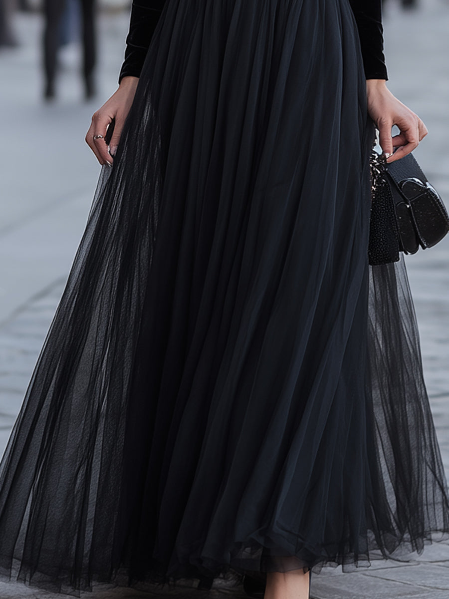Black Velvet Off-Shoulder Tulle Maxi Dress