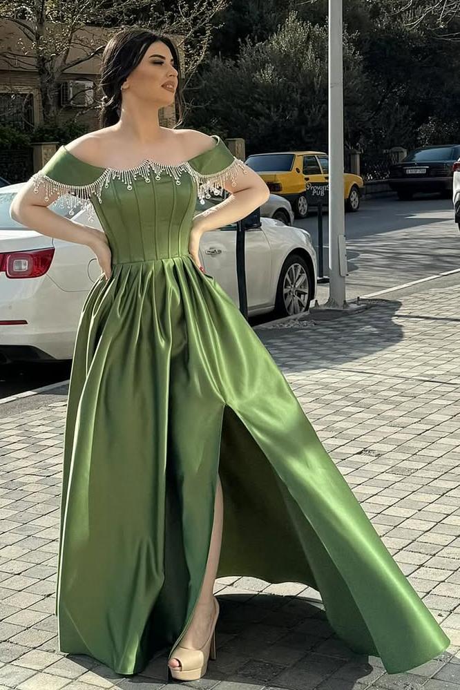 Off the Shoulder Sleeveless Long Split Prom Dress With Beading