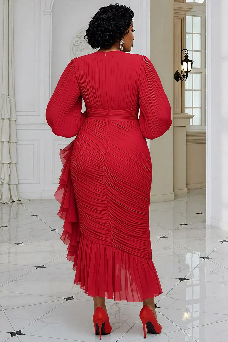 Deep V-Neck 3/4-Sleeve Ruffle Chiffon Pleated Tea-Length Mermaid Evening Dress with Slit