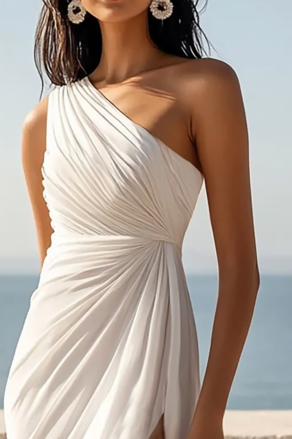 Chiffon Ruched One Shoulder Ivory Maxi Rehearsal Dinner Dress with Slit