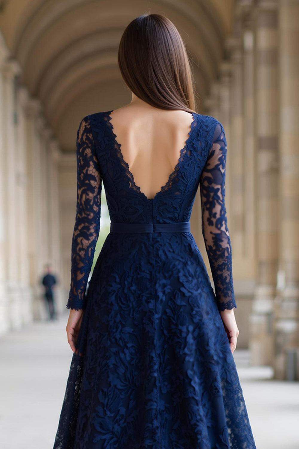 Navy V-Neck Long Sleeves A-Line Lace Long Mother of the Bride Dress