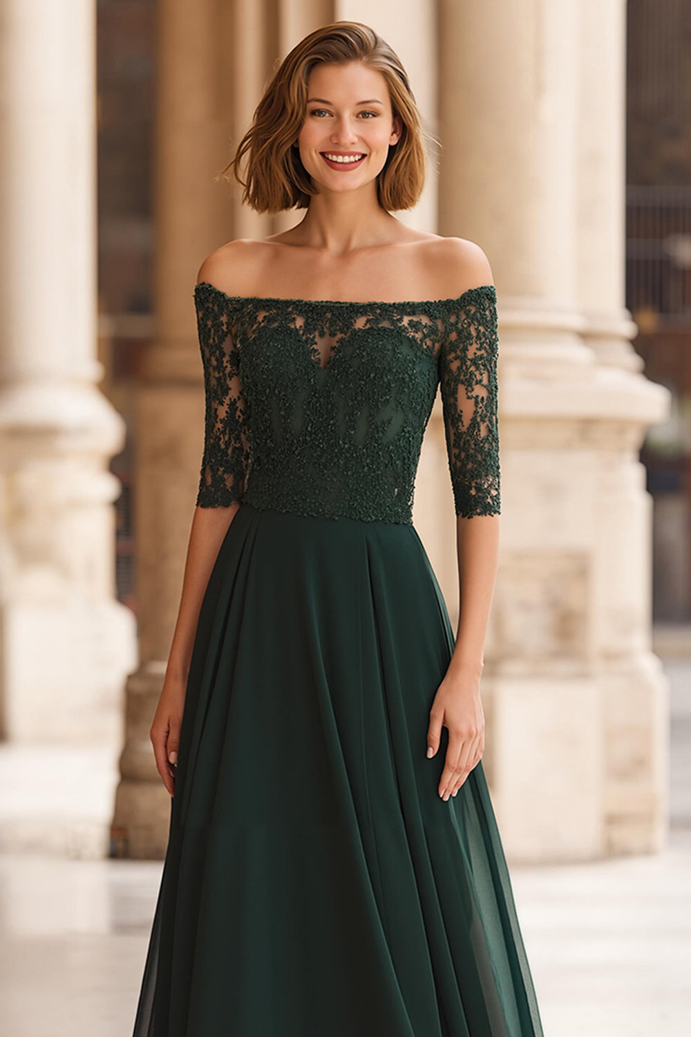 Pine Green Off the Shoulder Chiffon A-Line Long Mother of the Bride Dress with Lace