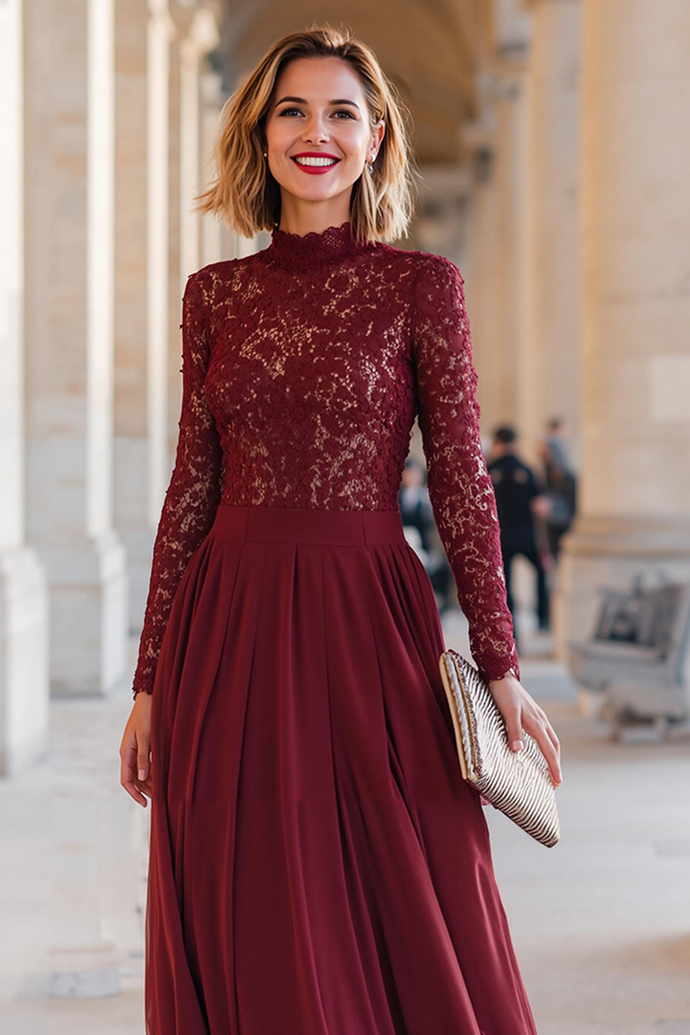 Burgundy High Neck Chiffon A-Line Long Mother of the Bride Dress with Lace