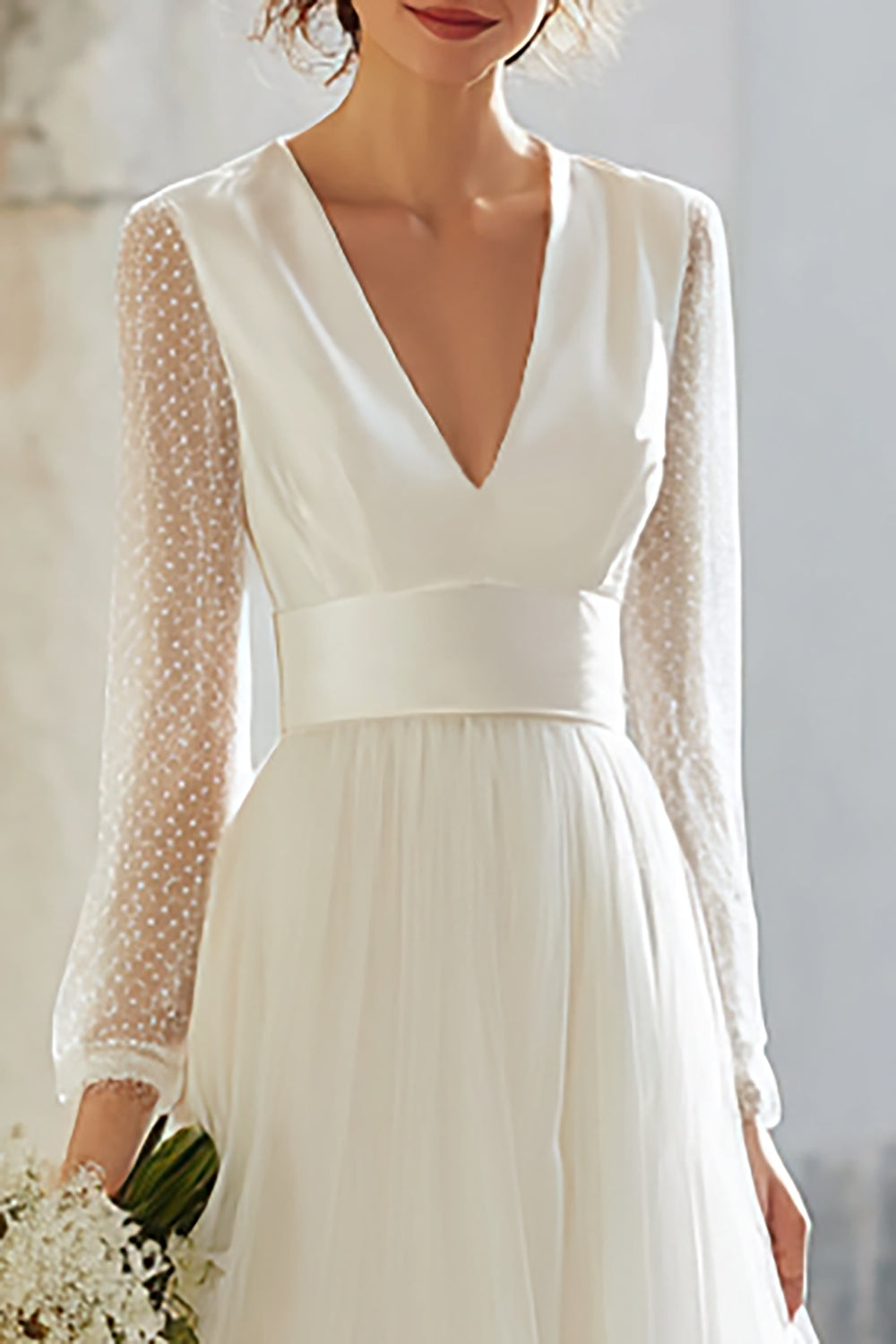 Ivory Tulle V-Neck A-Line Floor Length Wedding Dress with Sleeves