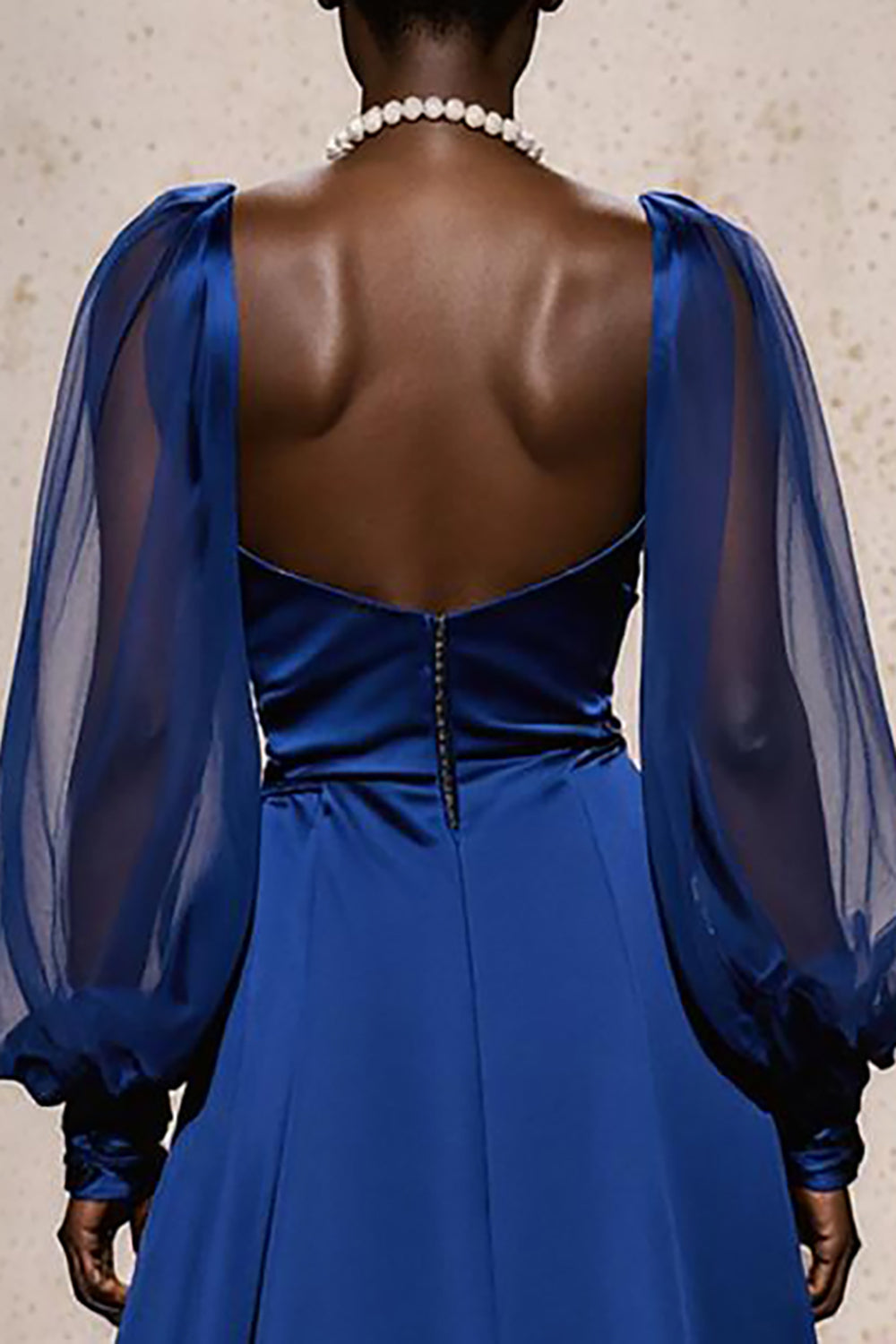 Royal Blue Satin A Line Ruched Formal Dress with Long Sleeves