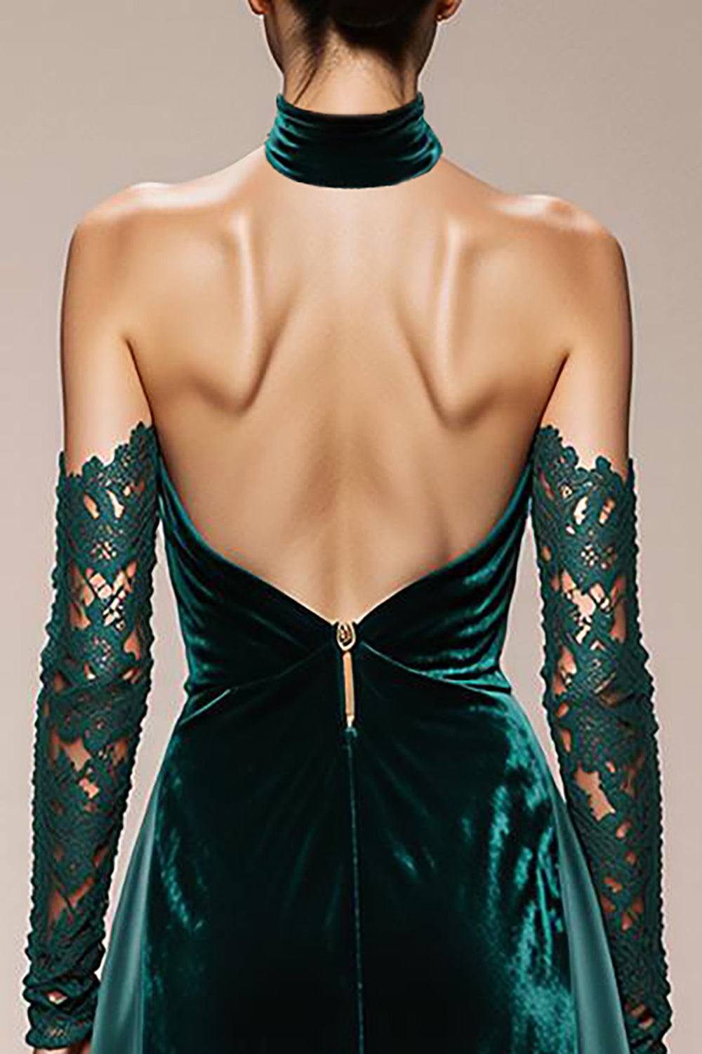 Dark Green Velvet Halter Long Holiday Party Dress with Slit