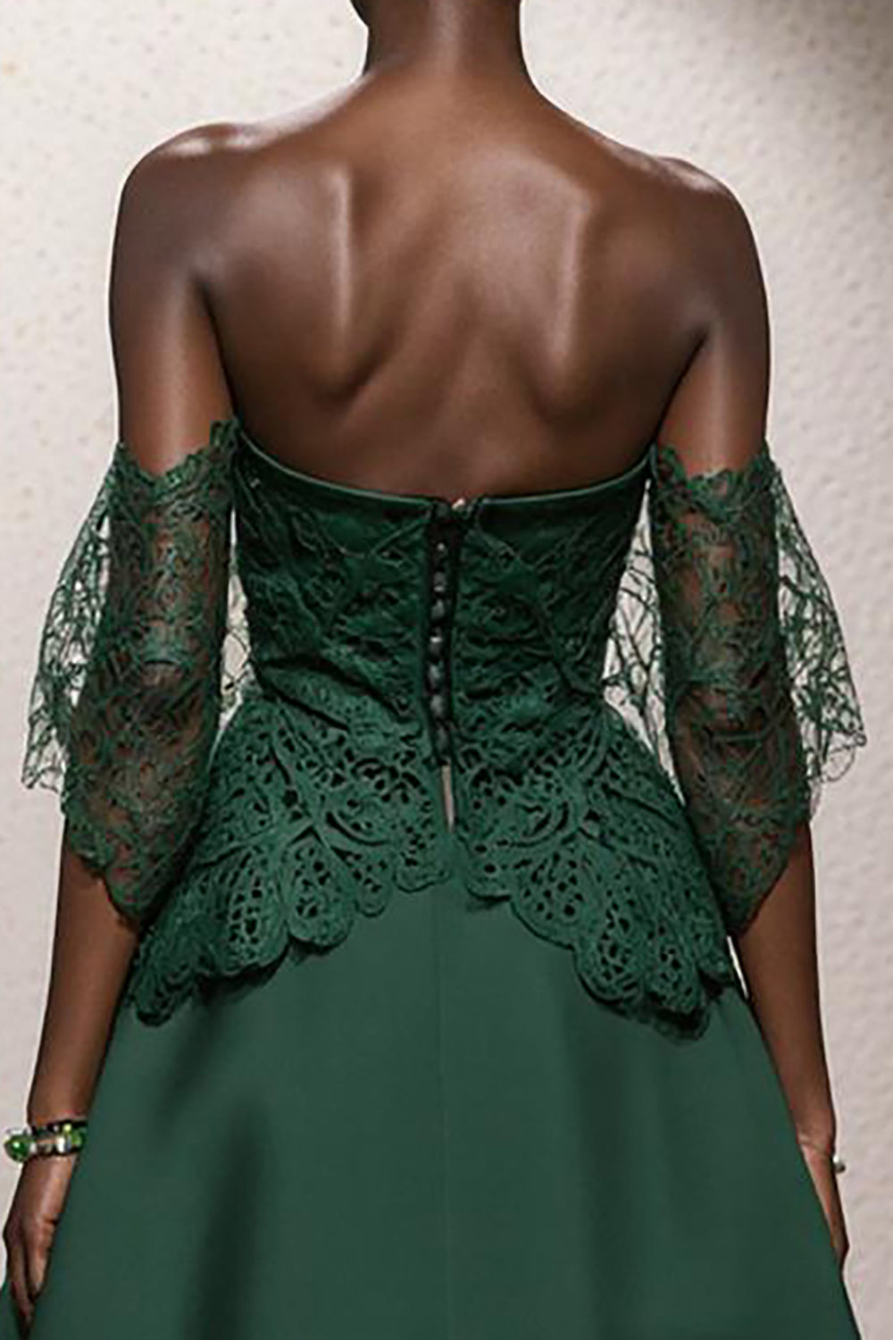 Dark Green A Line Satin Off the Shoulder Long Formal Dress with Lace