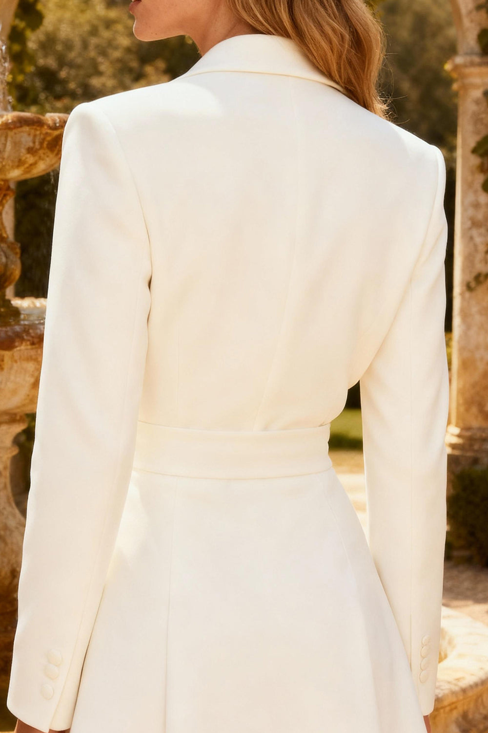White Peak Lapel Ruched Short Blazer Wedding Dress with Belt