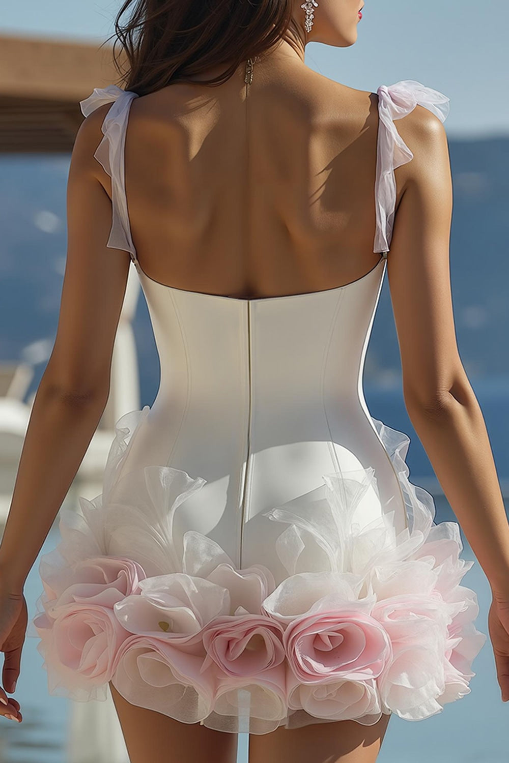 White A Line Spaghetti Straps Short Wedding Dress with 3D Flowers
