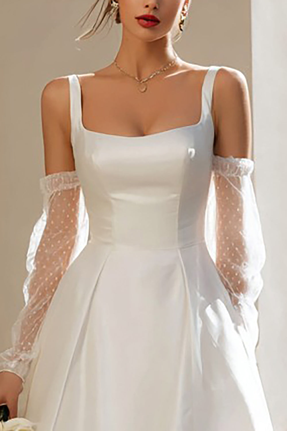 Ivory Thick Straps A Line Short Wedding Dress with Sleeves
