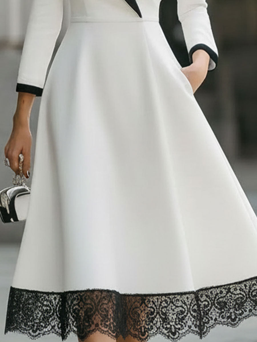 White And Black Contrast Lace Hem Midi Dress