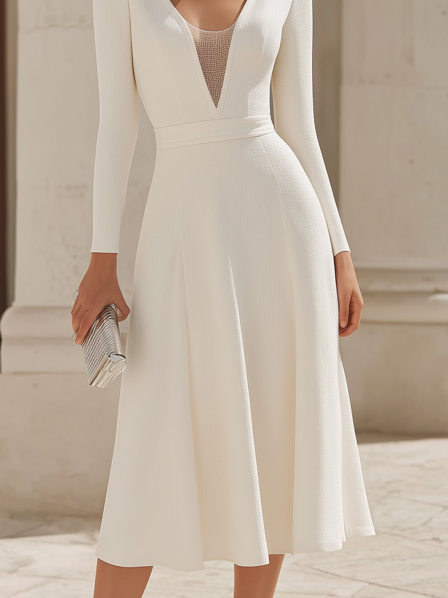 Long Sleeve Deep V Midi Dress With Sheer Panel
