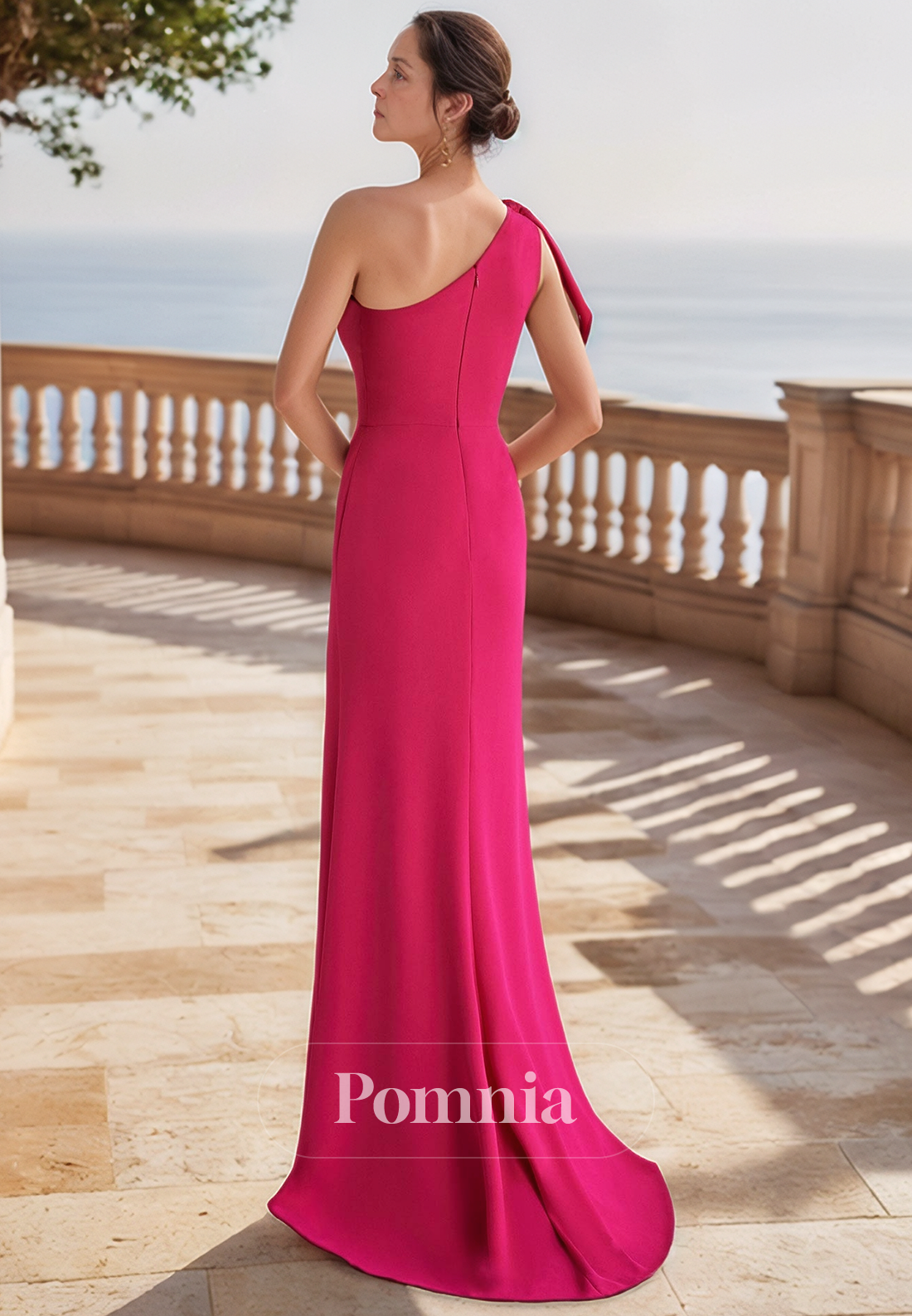 Fuchsia One Shoulder Slit Ruched Floor-Length Mother of the Bride Dress
