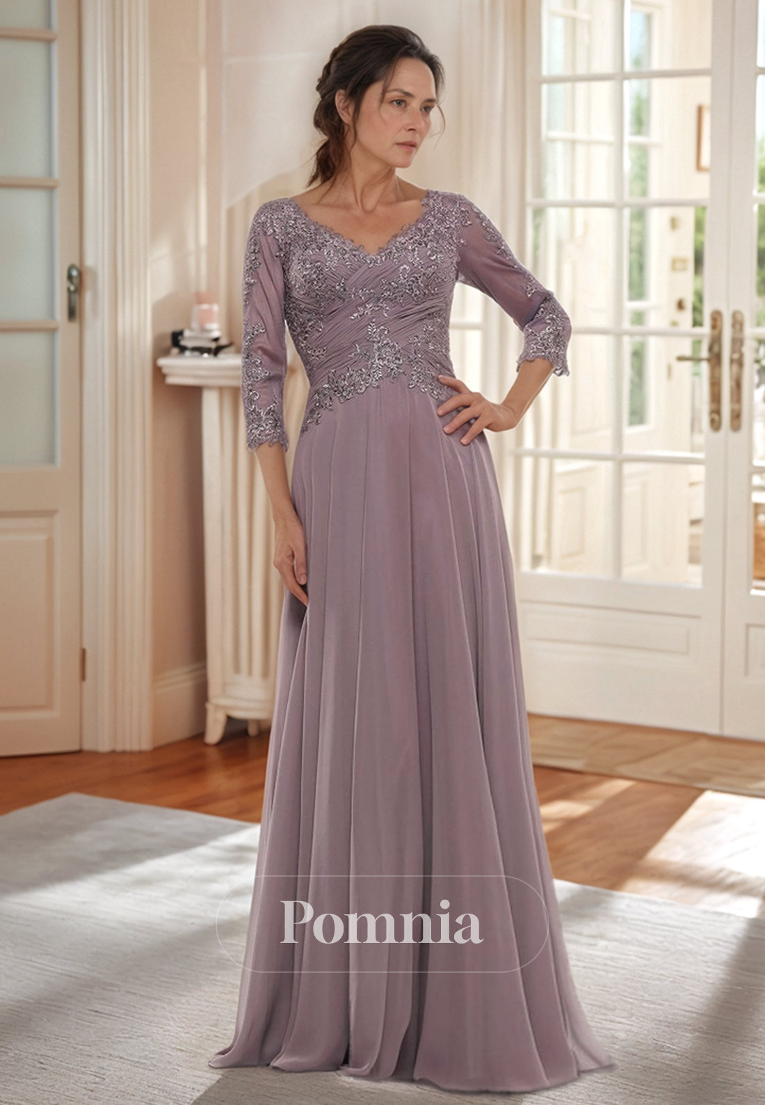 Long Sleeves Scoop Appliques Corset Mother of the Bride Dress