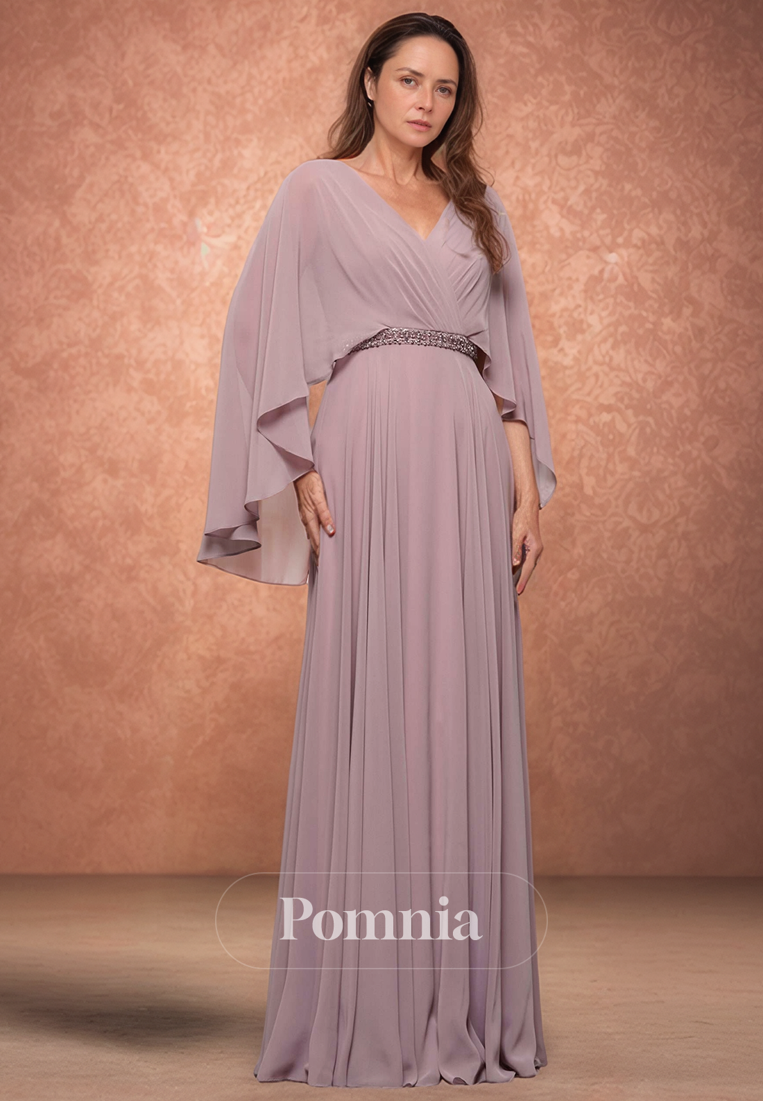 A-Line Long Sleeves V-Neck Empire-Waist Chiffon Mother of the Bride Dress