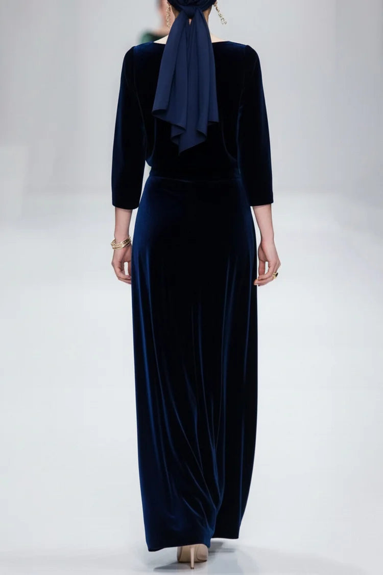 Solid Color Boat Neck 3/4 Sleeve Top Maxi Skirt 2pcs Set