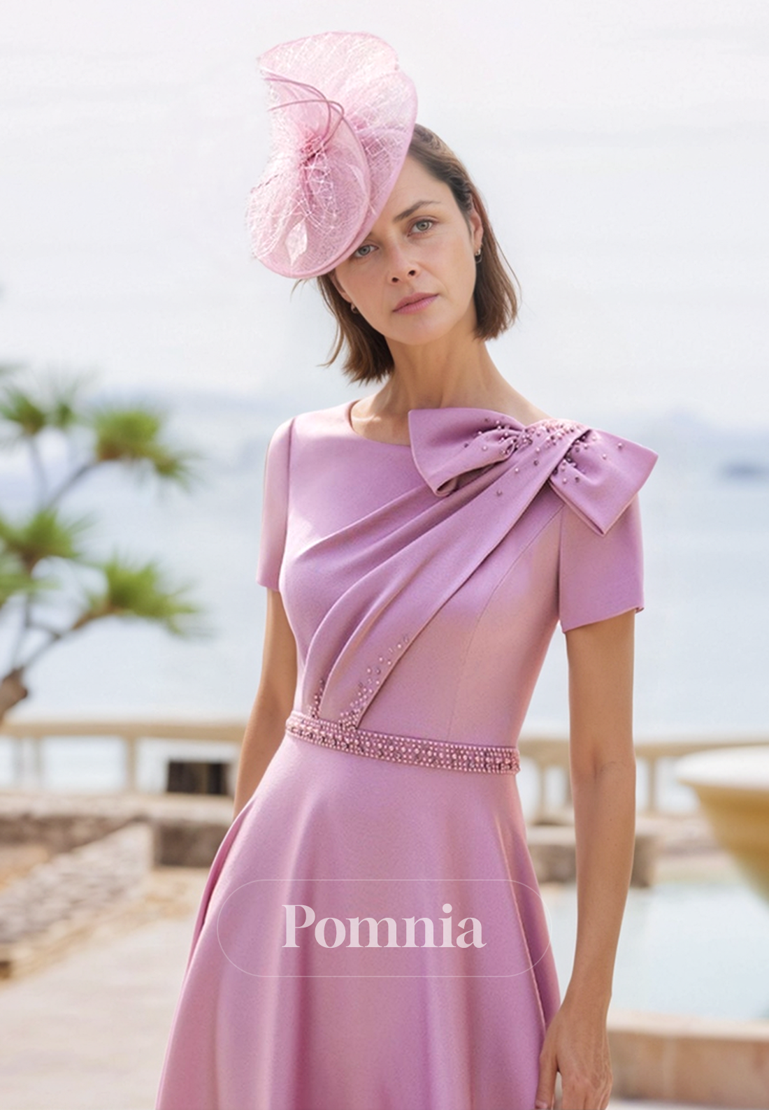 Candy Pink A-Line Short Sleeves Empire-Waist Mother of the Bride Dress