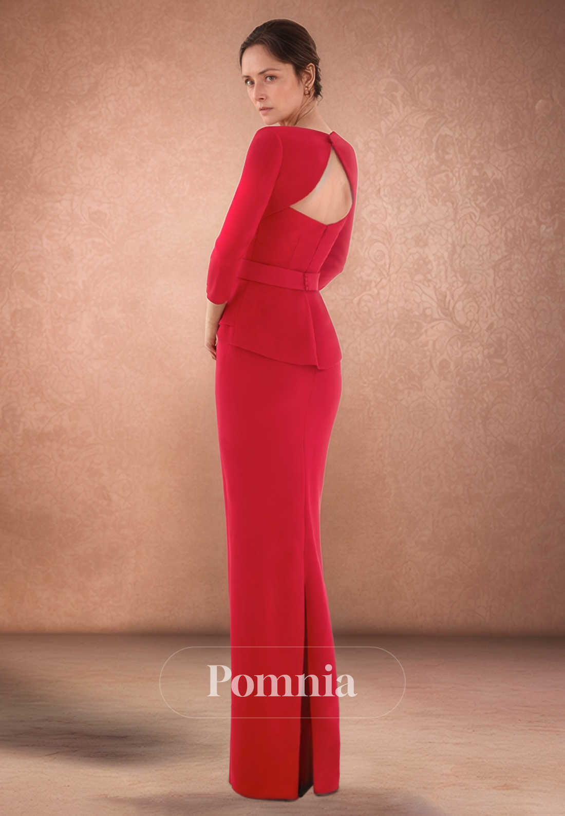 Red Scoop Long Sleeves Empire-Waist Satin Mother of the Bride Dress