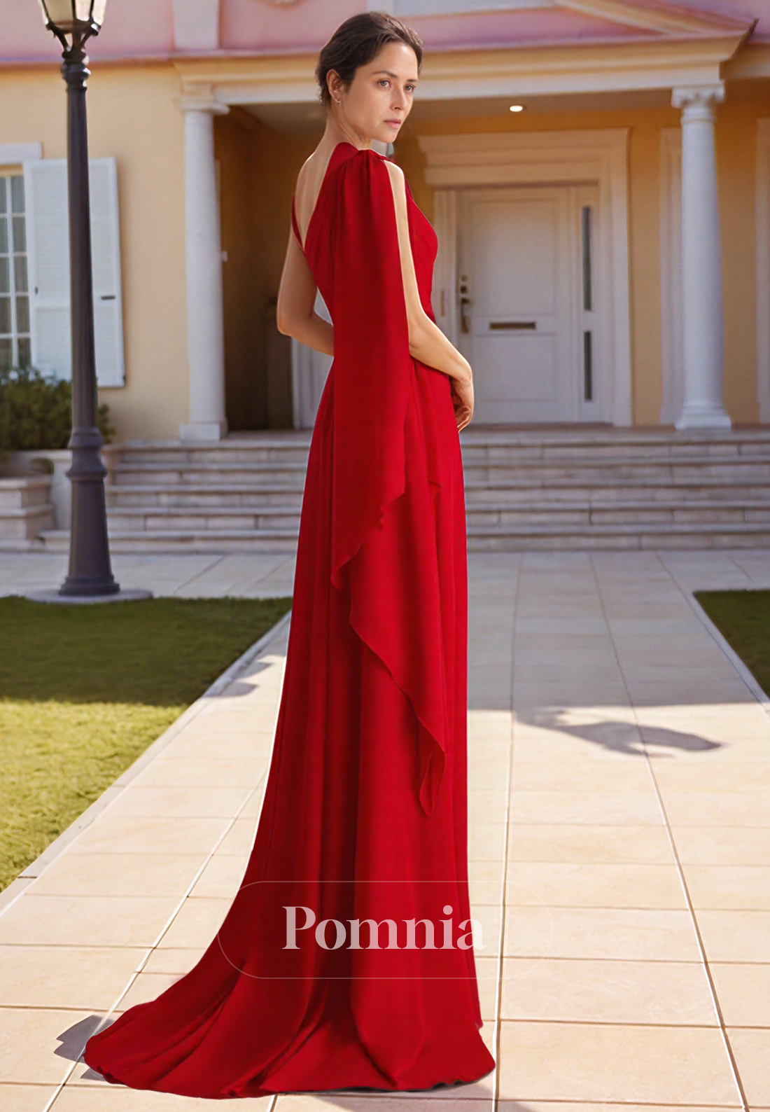 Red One Shoulder Sleeveless Chiffon Mother of the Bride Dress