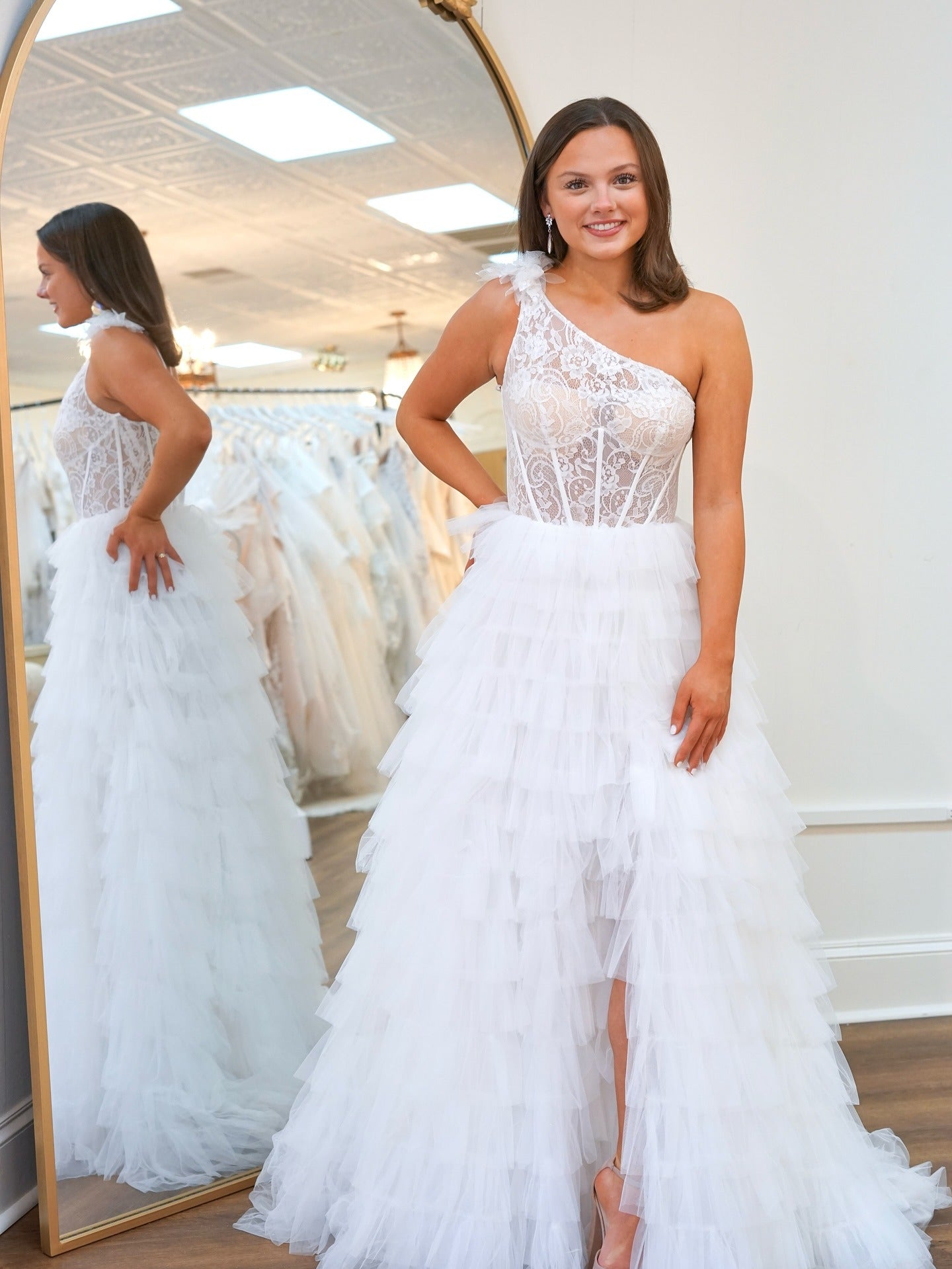 Women's One Shoulder Tulle Ruffled Prom Dresses