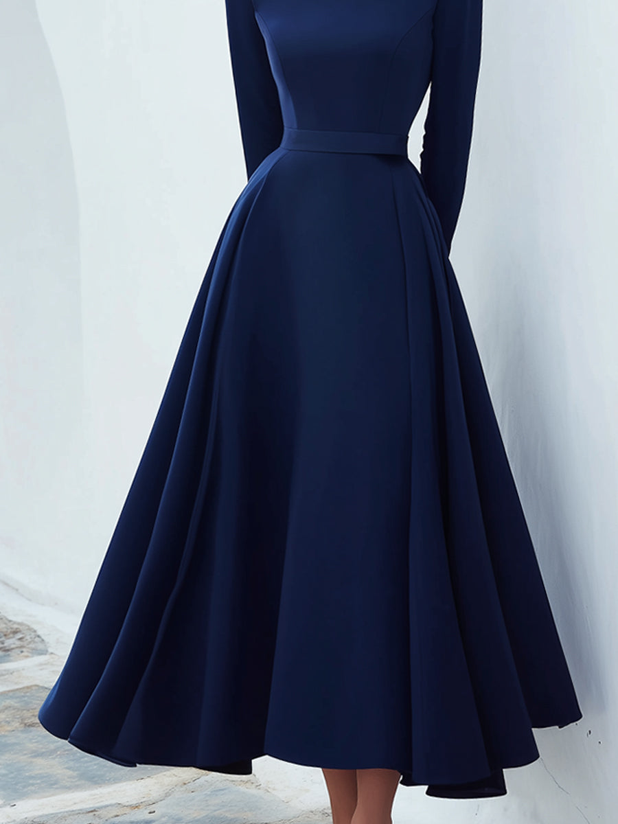 Navy Bow-Shoulder Long-Sleeve Midi Dress