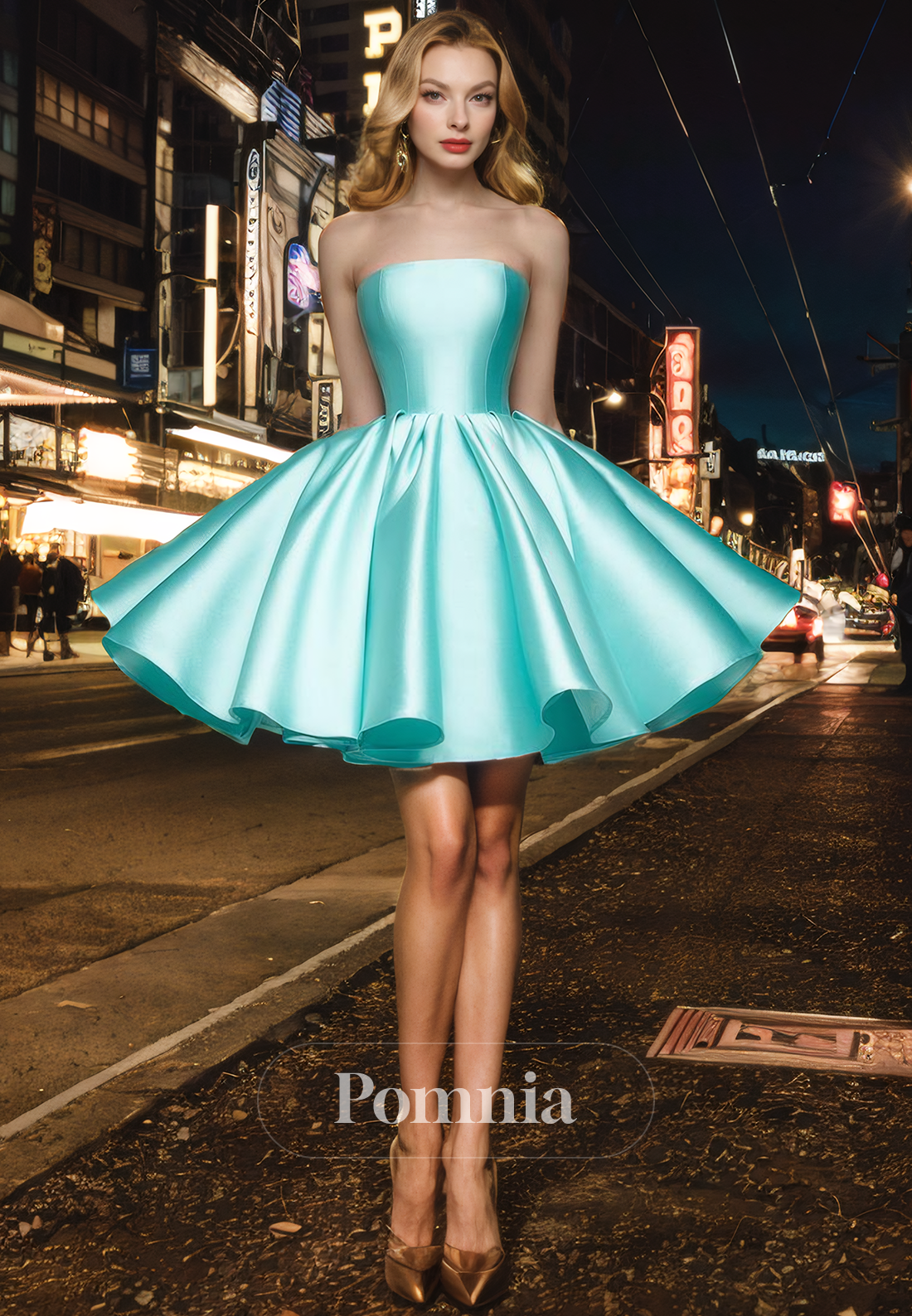 A-Line Strapless Empire-Waist Sleeveless Satin Pleated Short Homecoming Dress