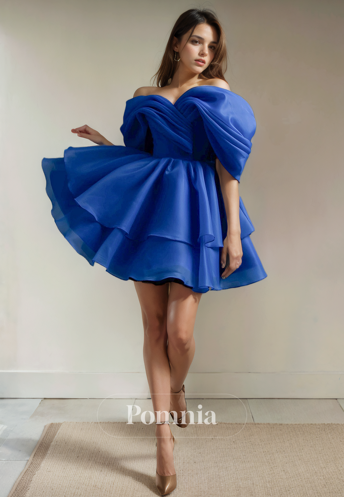 A-Line Strapless Cap Sleeves Satin Pleated Short Homecoming Dress