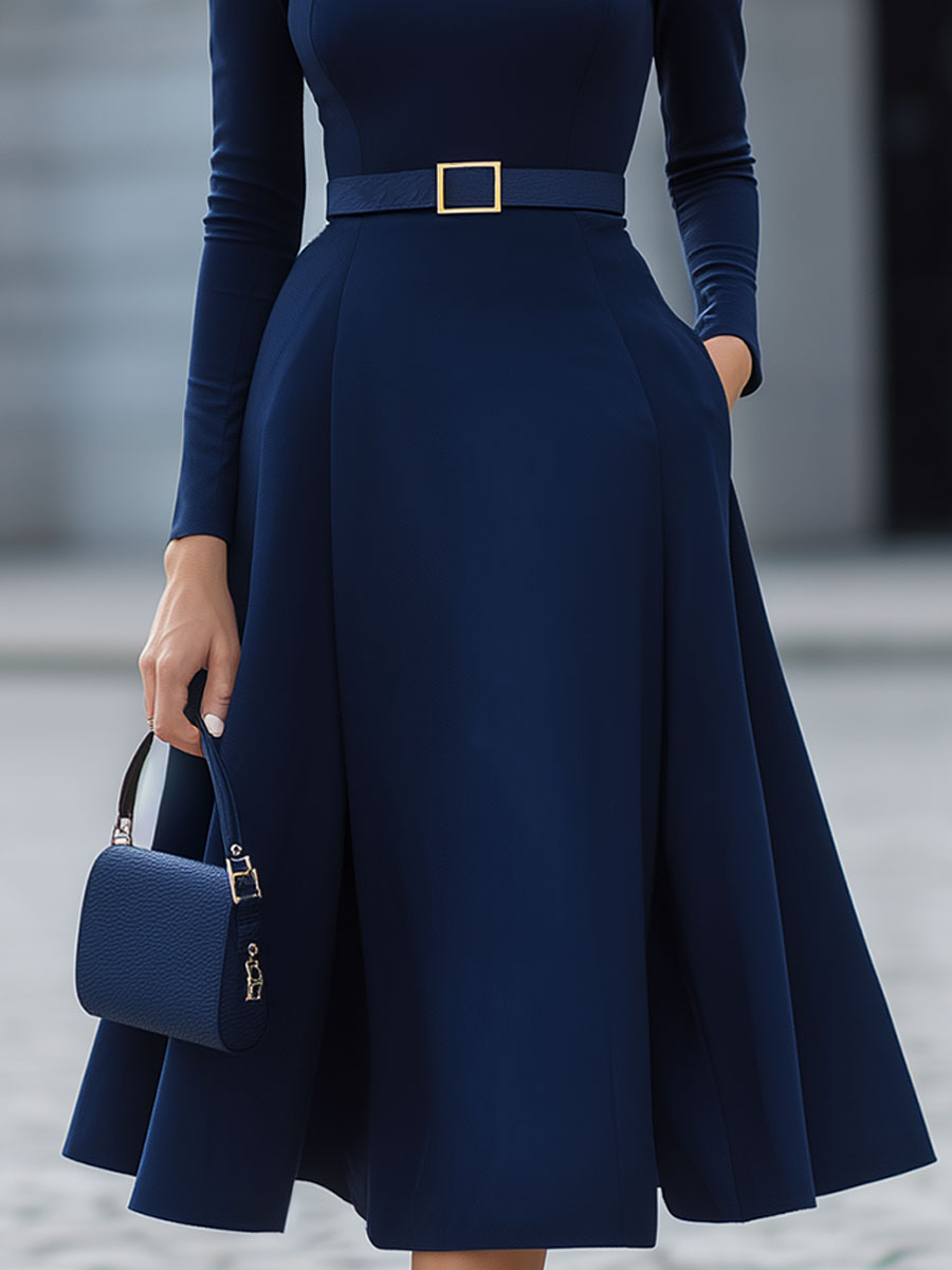 Navy Long-Sleeve Belted A-Line Midi Dress