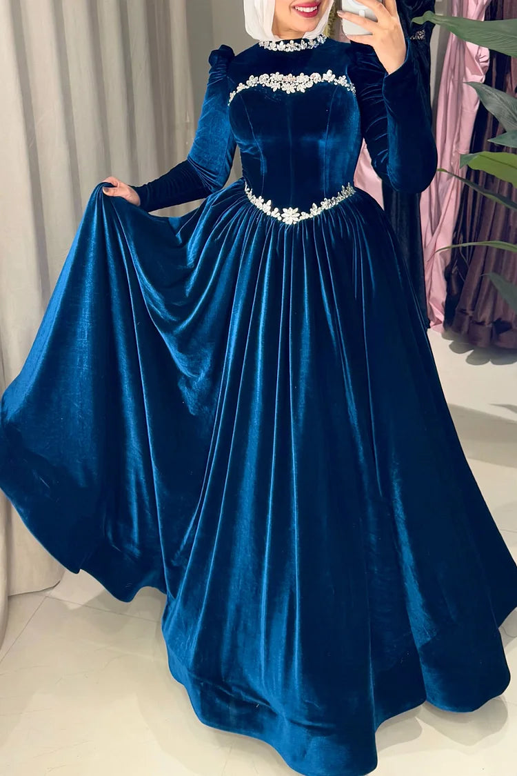 Rhinestone Corset Cinch Waist Mock Neck Party Maxi Dress