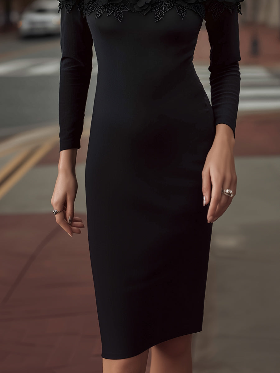 Embellished Floral Appliqué Mesh Yoke Midi Dress