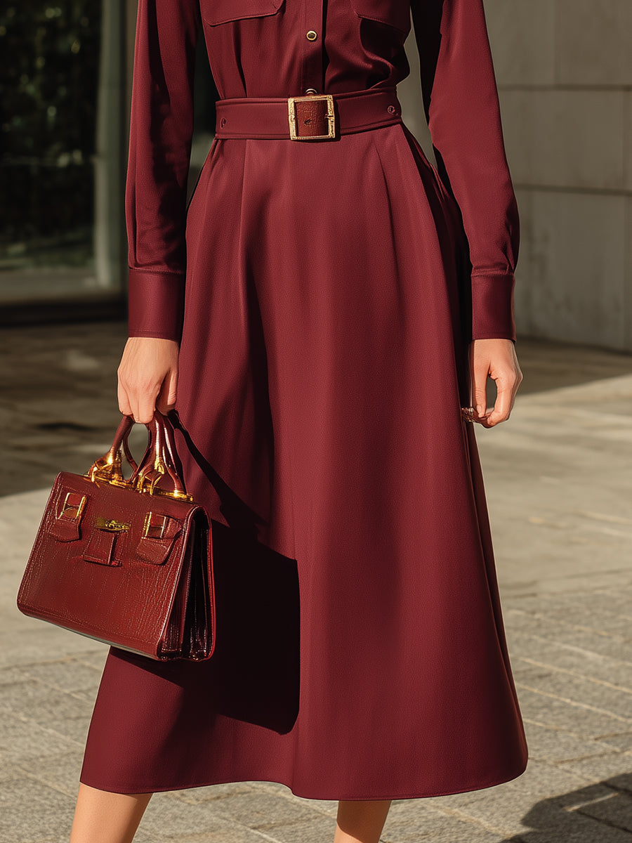 Burgundy Belted Long-Sleeve Shirt Midi Dress