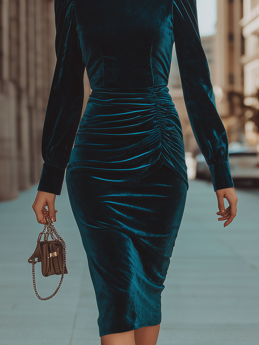 Opulent Teal Velvet Turtleneck Ruched Midi Dress