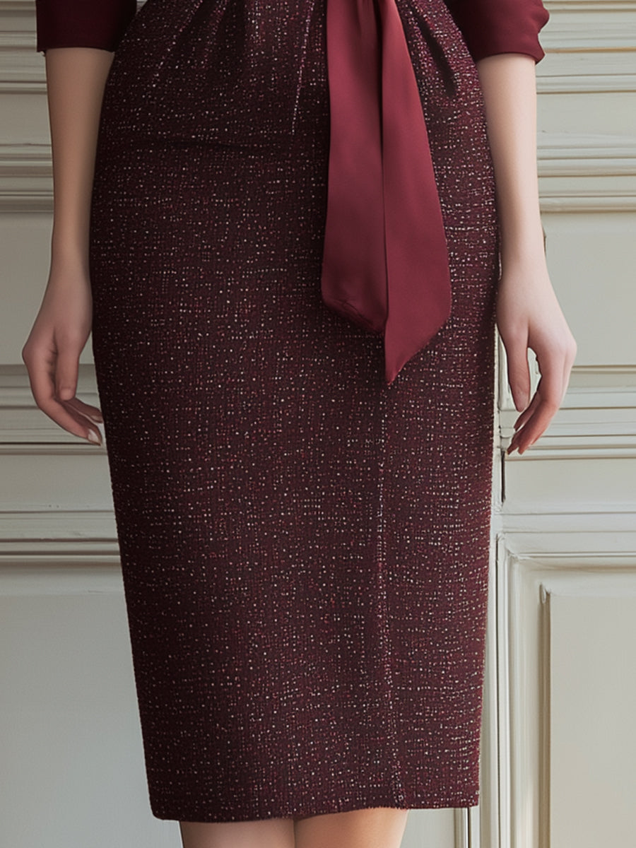 Burgundy Tailored Wrap Midi Dress With Satin Lapel And Waist Tie