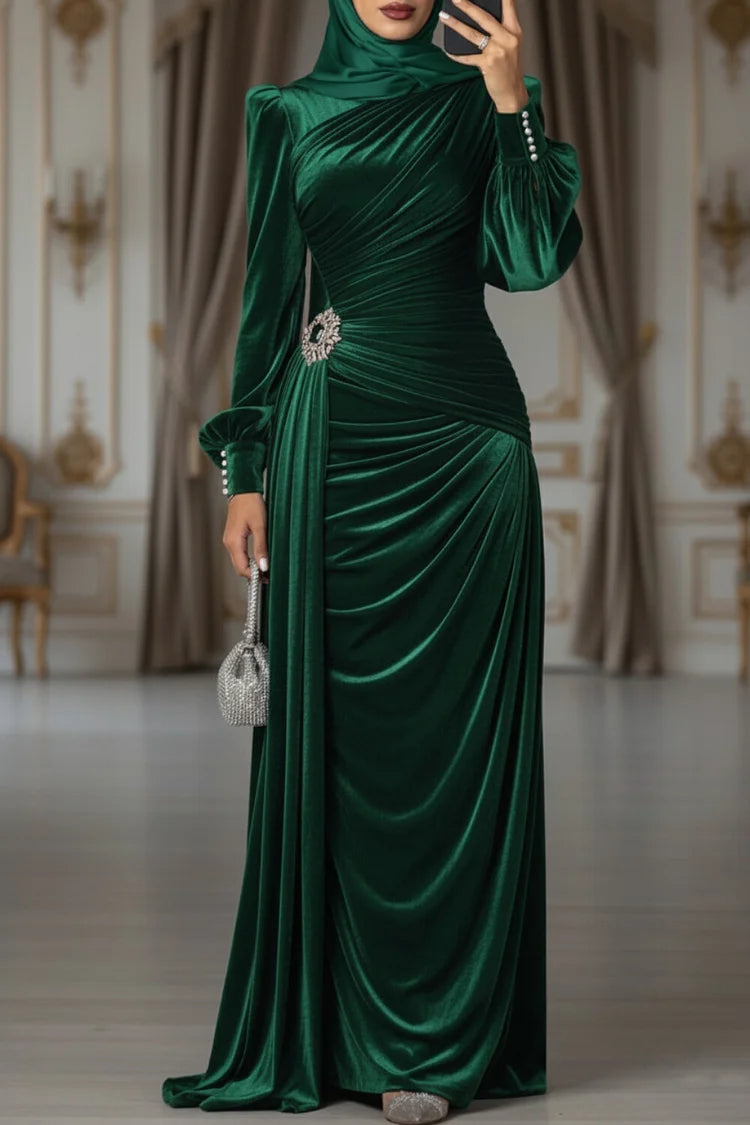 Streamer Pleated Ruched Pearl-Cuffed Velvet Party Maxi Dress