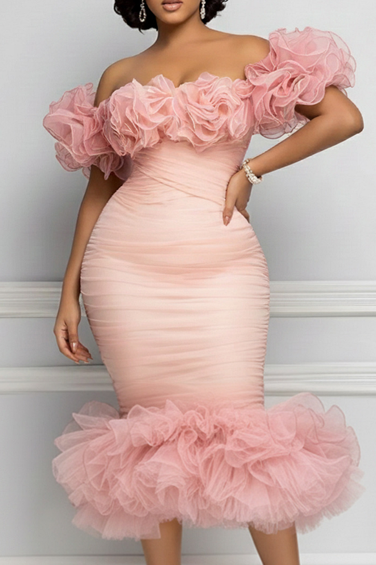 Pink Off The Shoulder 3D Elegant Bodycon Tulle Midi Dresses