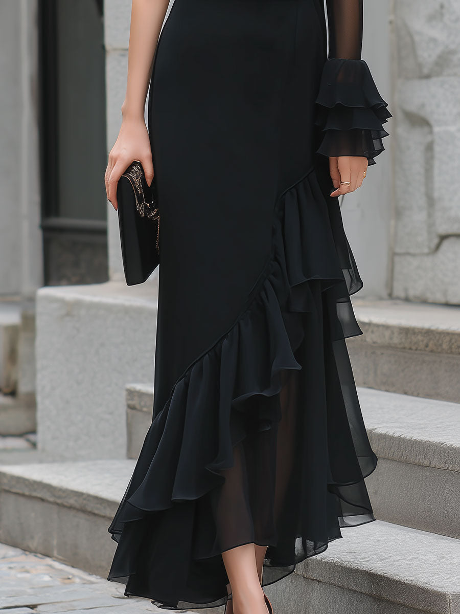 Mooyius One-Shoulder Sheer Ruffled Midi Dress