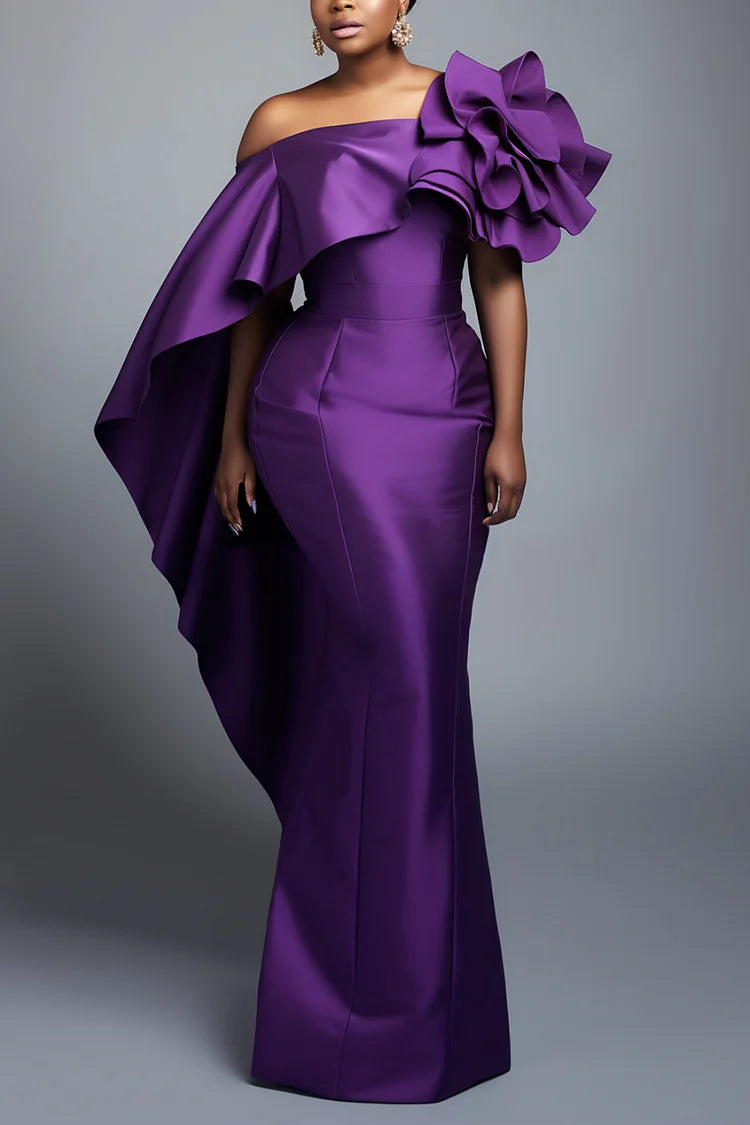 Formal Black Elegant Off The Shoulder 3D Bodycon Satin Maxi Dress