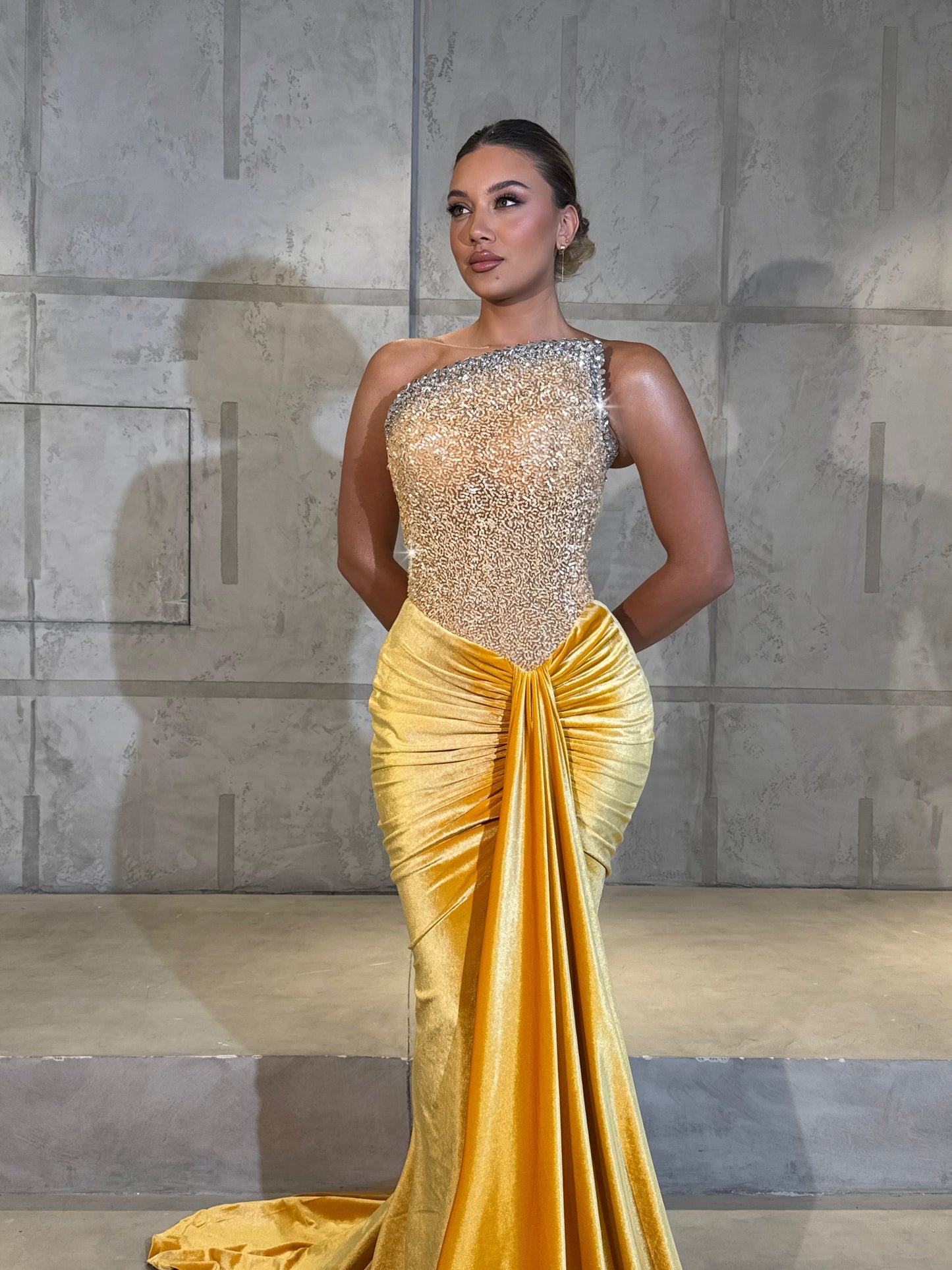 Golden Velvet Draped One Shoulder Ruched Evening Gown
