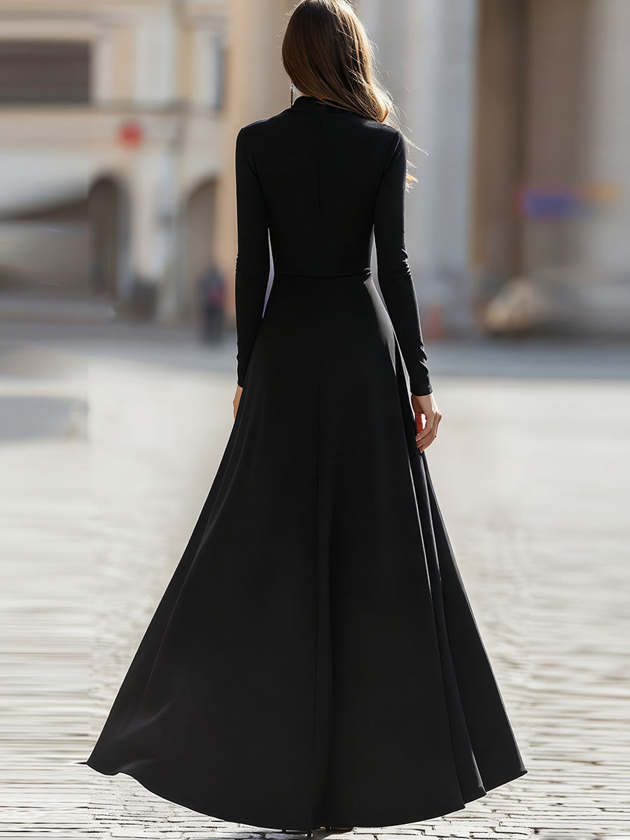 Black Long Sleeve Zip-Front Maxi Dress - Timeless Elegance For Formal Glamour