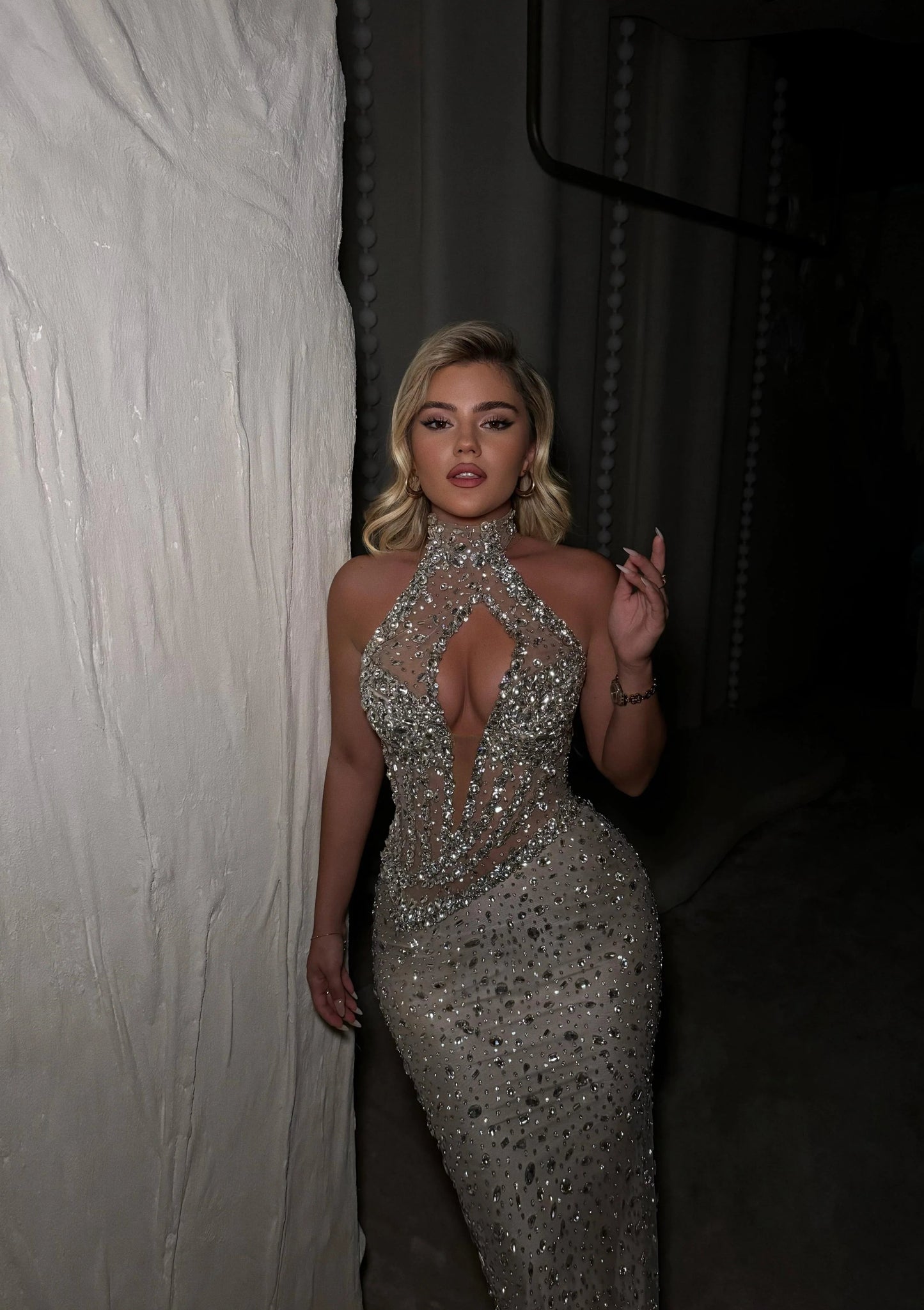 High Neck Sleeveless Beaded Sequins Sparkle Cut Outs Mermaid Prom Dress