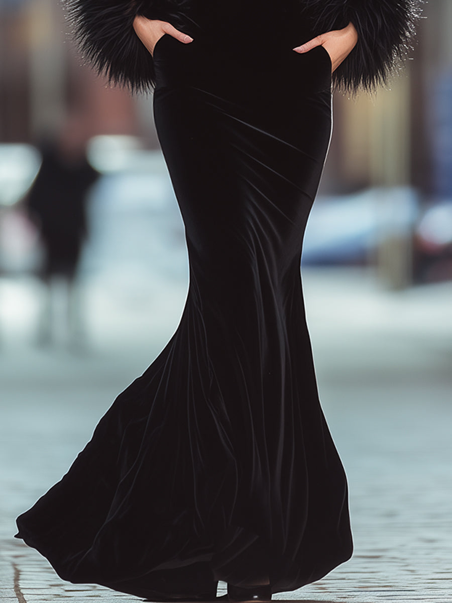Black Velvet Gown With Feather Cuffs