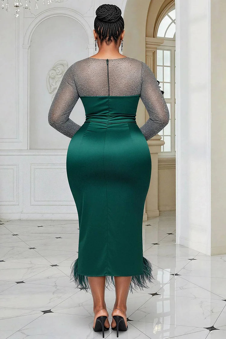 Cocktail Party Green Round Neck Long Sleeve Drilling Feather Satin Midi Dress