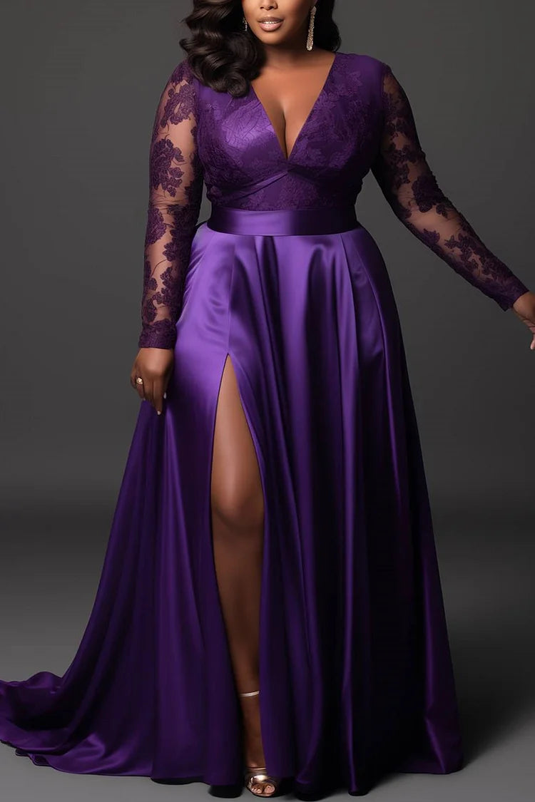 Formal Purple V Neck Long Sleeve Split See Through Lace Satin Maxi Dresses