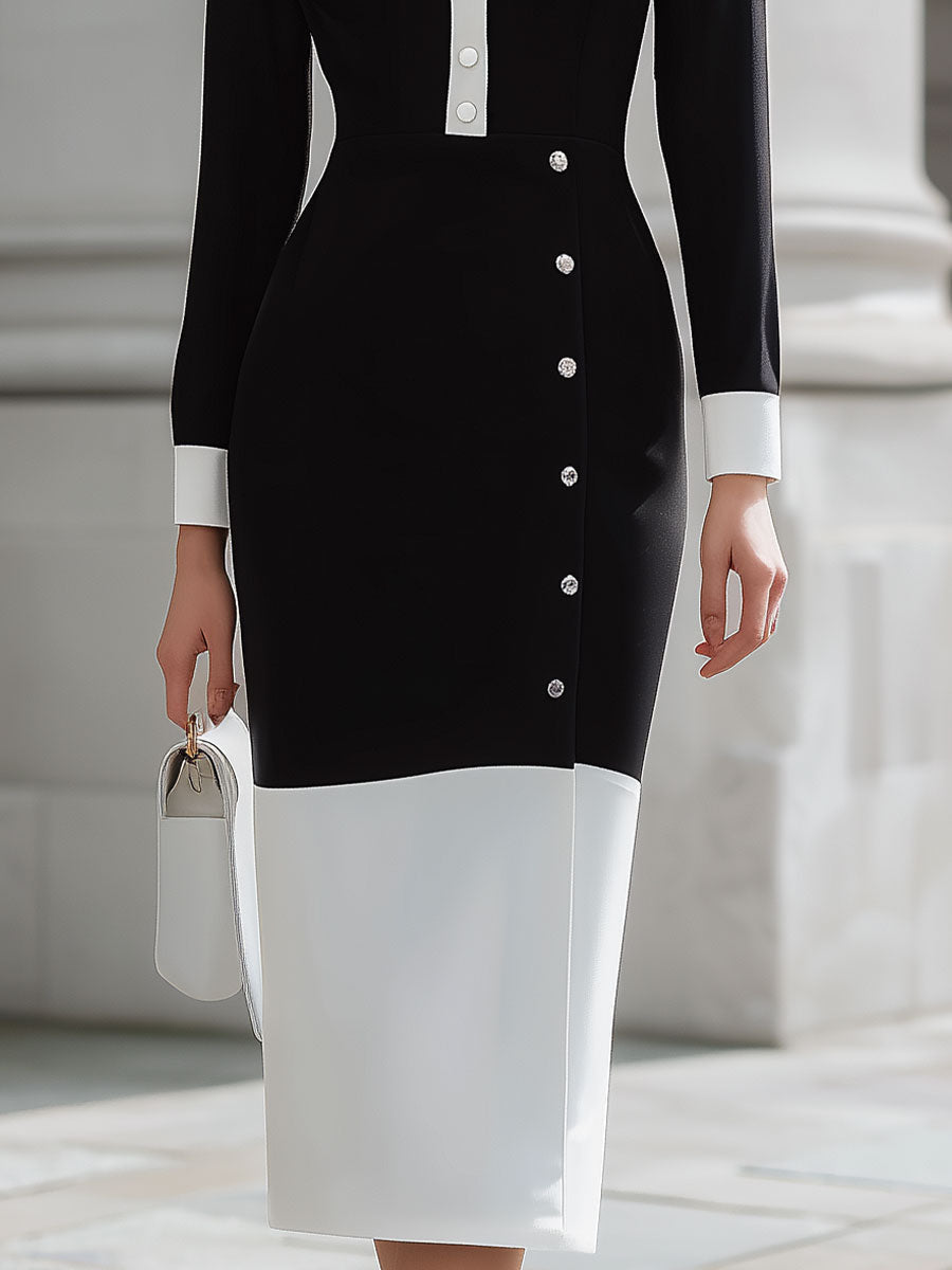 Elegant Black & White Contrast Button Midi Dress For Timeless Sophistication